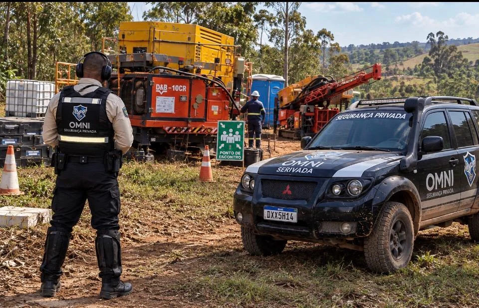 Profissional uniformizado da Omni e viatura junto a equipamentos de campo